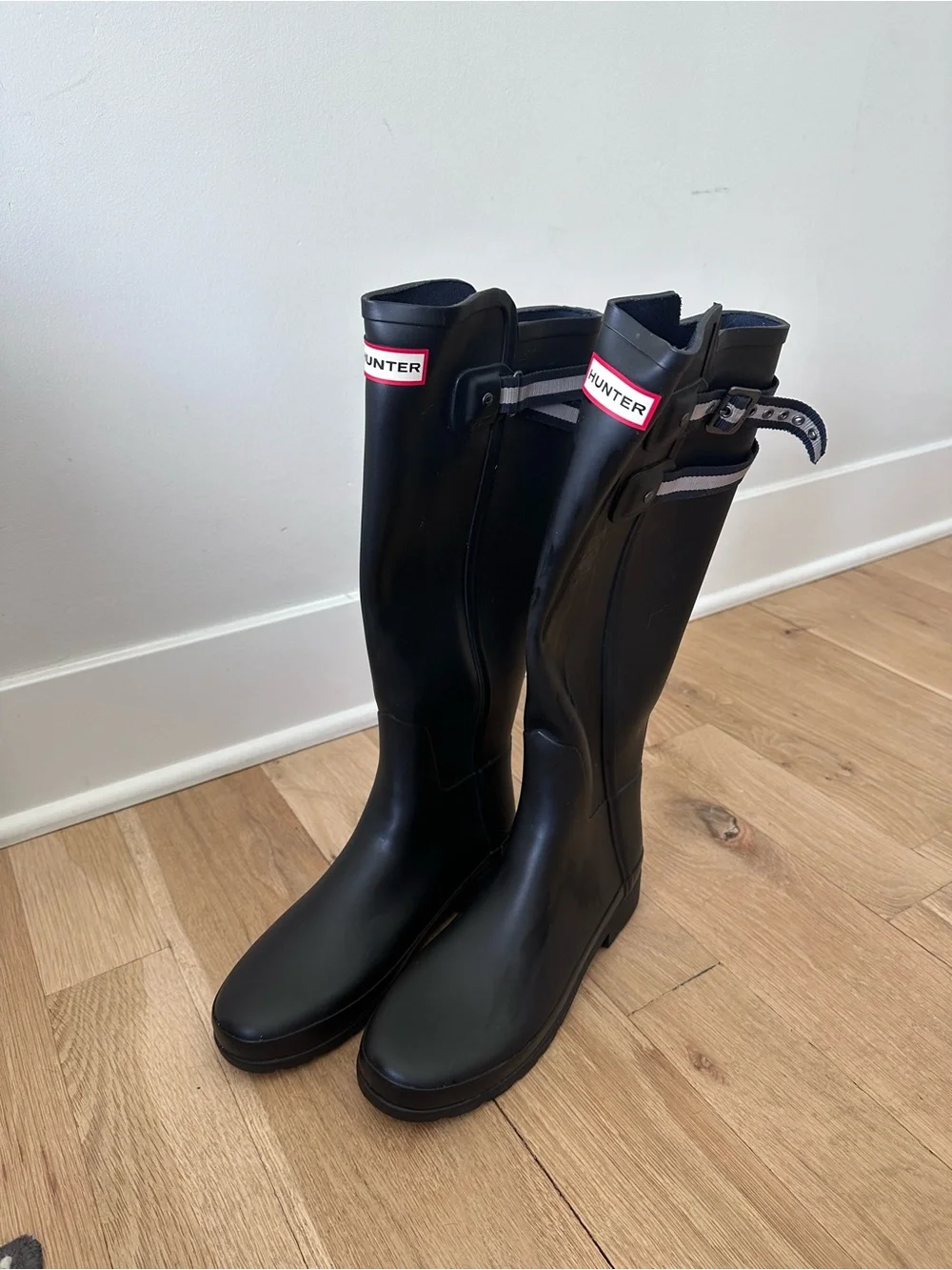 Hunter Black Tall Rain Boots with Gray Accent Straps